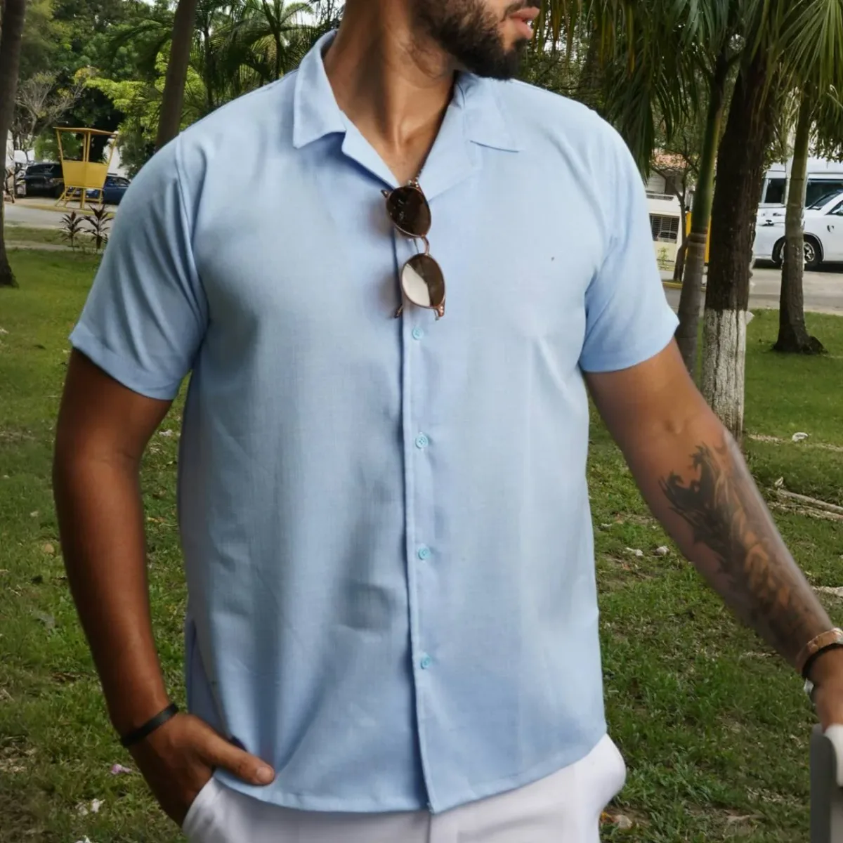 Camisa Manga Corta Lino Egipcian Azul Claro